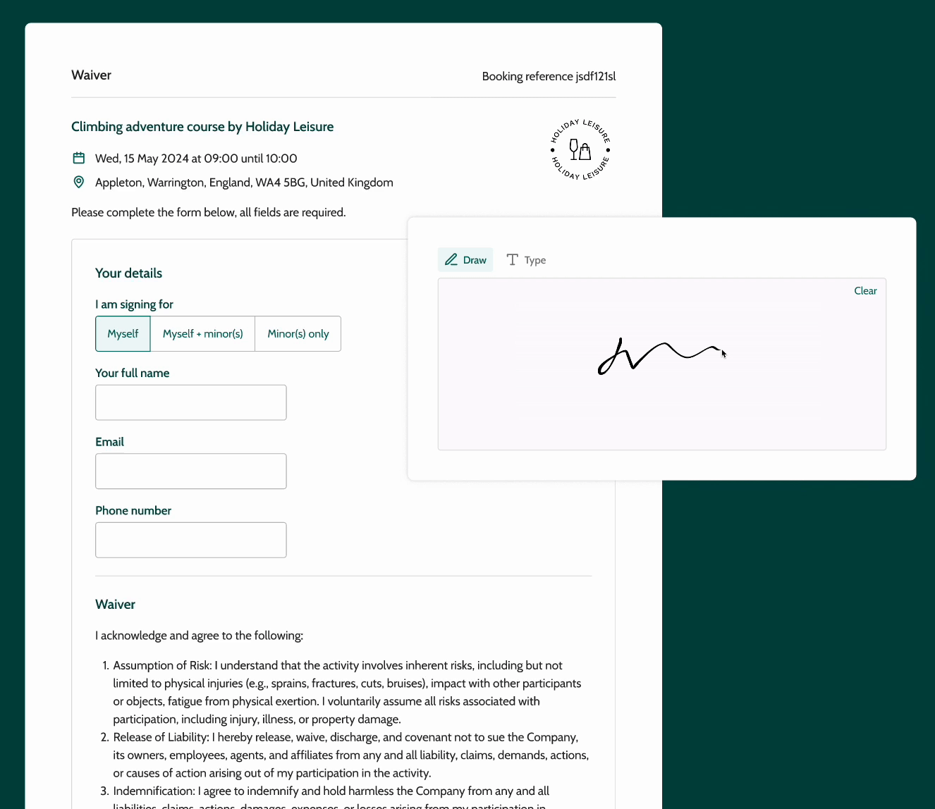 Beyonk's digital waiver software - signing a liability waiver electronically.